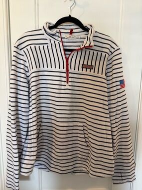 Vineyard Vines Women’s White Navy Striped Half-Zip Pullover with Red Trim